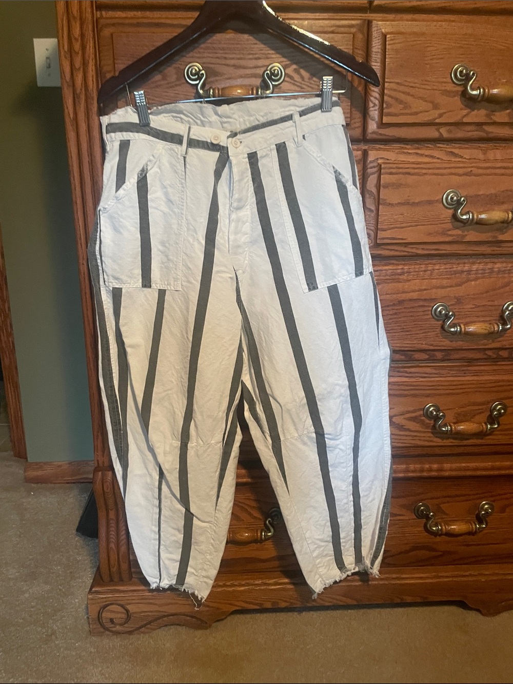 Magnolia Pearl White Cargo Pants with Gray Vertical Stripes